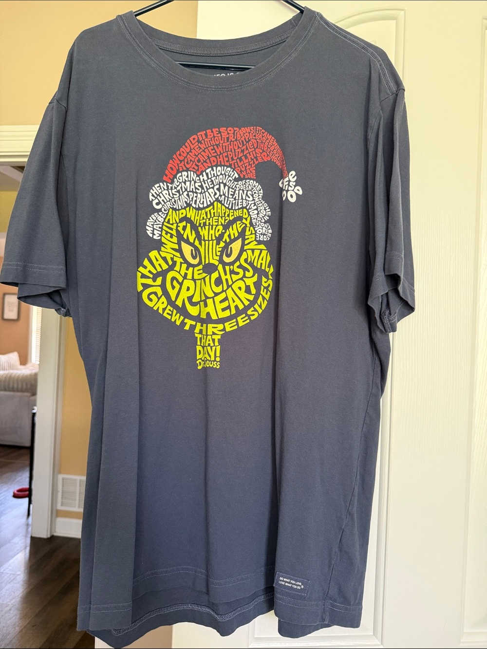 Life Is Good Men's Gray Grinch Graphic Tee with Red Hat and Yellow Face